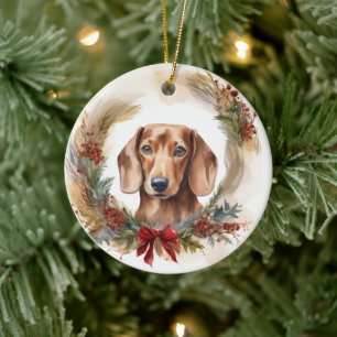 Dachshund Kerstkrans Feestelijke Pup Keramisch Ornament
