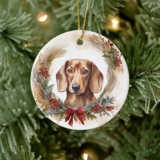 Dachshund Kerstkrans Feestelijke Pup Keramisch Ornament (Boom)