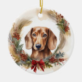Dachshund Kerstkrans Feestelijke Pup Keramisch Ornament (Voorkant)