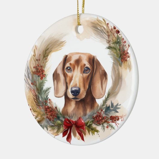 Dachshund Kerstkrans Feestelijke Pup Keramisch Ornament (Links)
