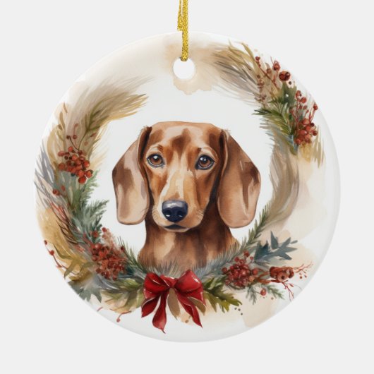 Dachshund Kerstkrans Feestelijke Pup Keramisch Ornament (Achterkant)