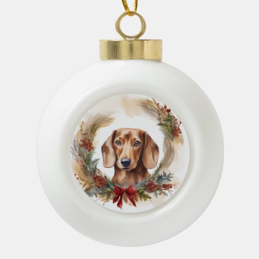 Dachshund Kerstkrans Feestelijke Pup Keramische Bal Ornament (Voorkant)