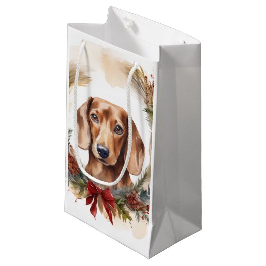 Dachshund Kerstkrans Feestelijke Pup Klein Cadeauzakje (Voorkant Gekanteld)
