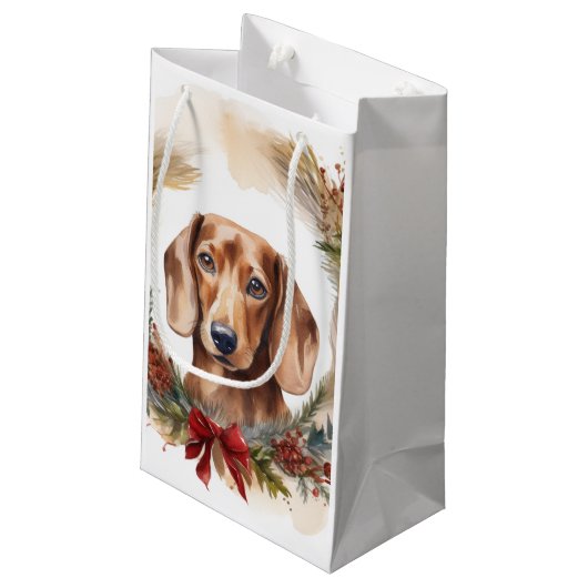 Dachshund Kerstkrans Feestelijke Pup Klein Cadeauzakje (Achterkant Gekanteld)