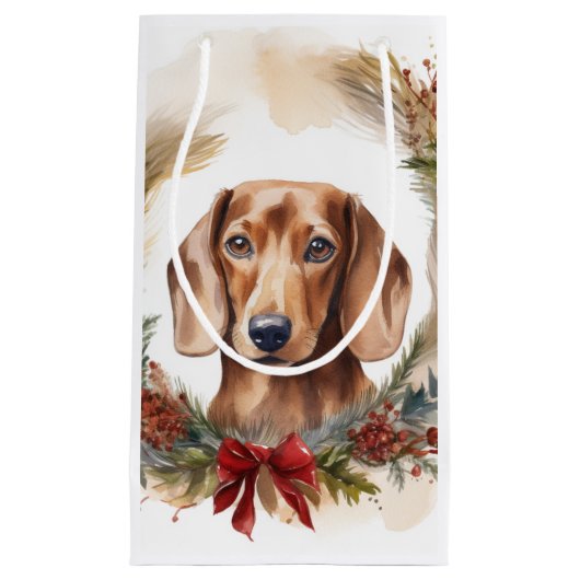 Dachshund Kerstkrans Feestelijke Pup Klein Cadeauzakje (Voorkant)