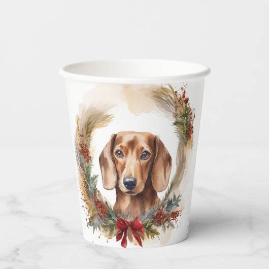 Dachshund Kerstkrans Feestelijke Pup Papieren Bekers (Achterkant)