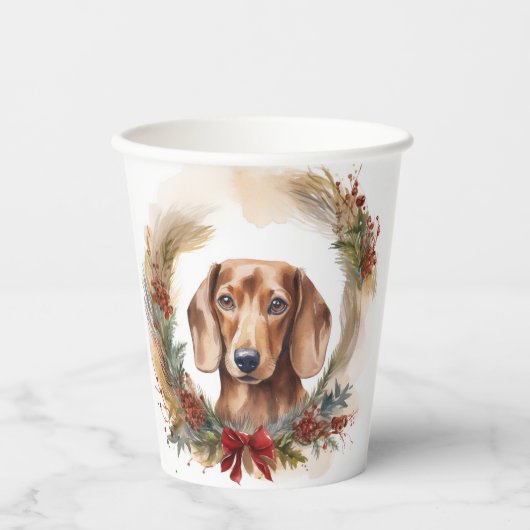 Dachshund Kerstkrans Feestelijke Pup Papieren Bekers (Voorkant)