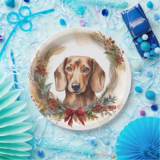Dachshund Kerstkrans Feestelijke Pup Papieren Bordje (Feest)