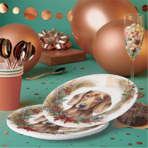 Dachshund Kerstkrans Feestelijke Pup Papieren Bordje