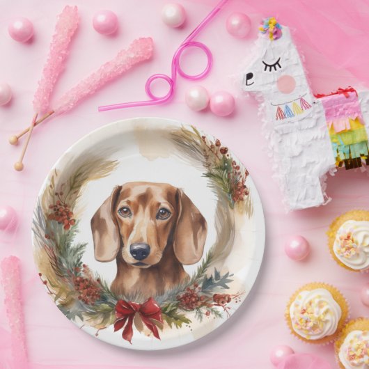 Dachshund Kerstkrans Feestelijke Pup Papieren Bordje (Feest)