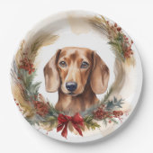 Dachshund Kerstkrans Feestelijke Pup Papieren Bordje (Voorkant)