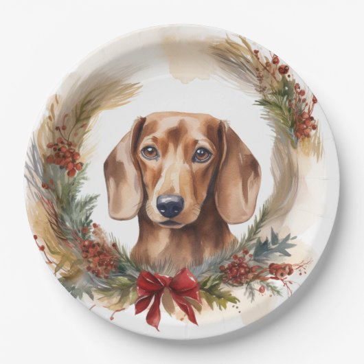 Dachshund Kerstkrans Feestelijke Pup Papieren Bordje (Voorkant)