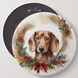 Dachshund Kerstkrans Feestelijke Pup Ronde Button 6,0 Cm
