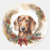 Dachshund Kerstkrans Feestelijke Pup Ronde Sticker (Voorkant)