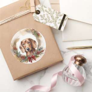 Dachshund Kerstkrans Feestelijke Pup Ronde Sticker