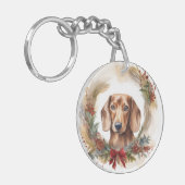 Dachshund Kerstkrans Feestelijke Pup Sleutelhanger (Voorkant Links)