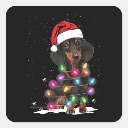 Dachshund-kerstlichten met sneeuw vierkante sticker (Voorkant)
