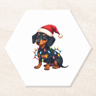 Dachshund Kerstlichten Sinterklaas Hoed Kerstmis H Kartonnen Onderzetters