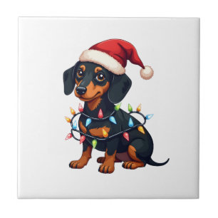 Dachshund Kerstlichten Sinterklaas Hoed Kerstmis H Tegeltje