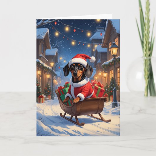 Dachshund Kerstman slee Kerst Kunst Kaart (Voorkant)