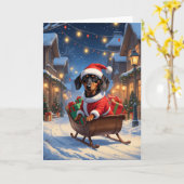 Dachshund Kerstman slee Kerst Kunst Kaart (Gele Bloem)