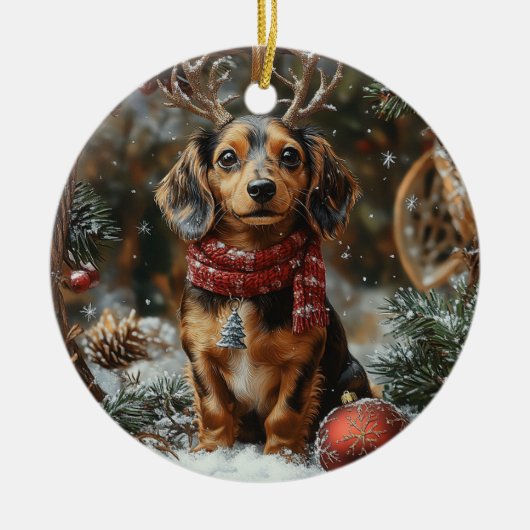 Dachshund Kerstmis Keramisch Ornament (Voorkant)