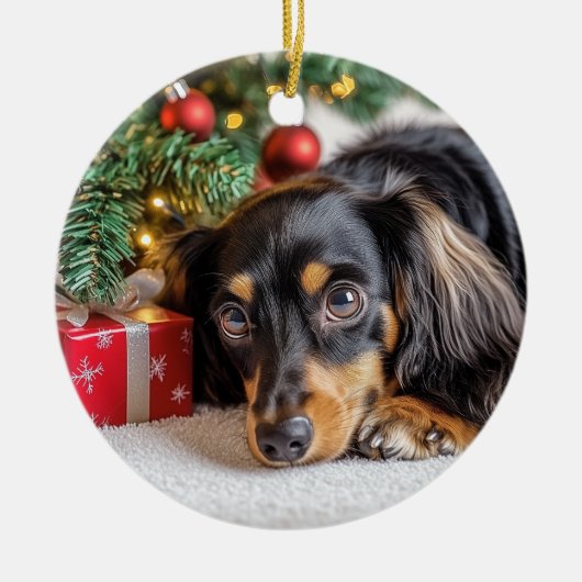 Dachshund Kerstmis Keramisch Ornament (Voorkant)