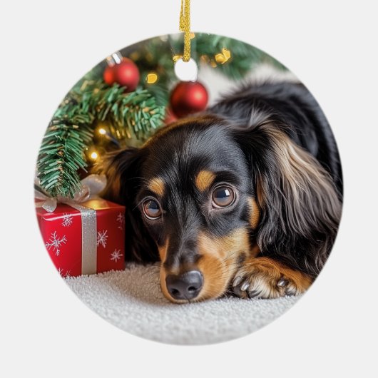 Dachshund Kerstmis Keramisch Ornament (Achterkant)