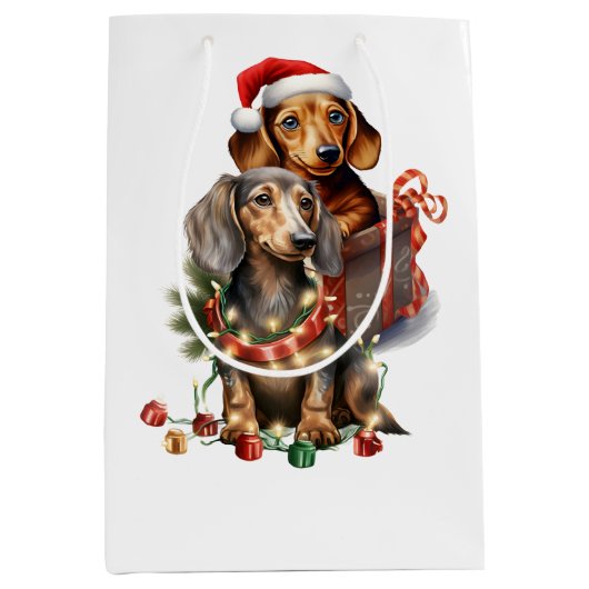Dachshund Kerstmis Medium Cadeauzakje (Voorkant)