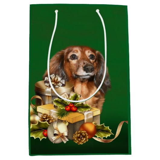 Dachshund Kerstmis Medium Cadeauzakje (Voorkant)