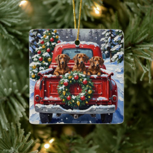 Dachshund Kerstmis Rode Truck Kerstfeest Keramisch Ornament
