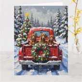 Dachshund Kerstmis Rode Truck Winter Kaart (Gele Bloem)