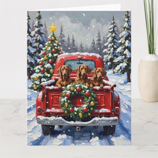 Dachshund Kerstmis Rode Truck Winter Kaart (Voorkant)