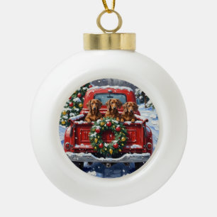 Dachshund Kerstmis Rode Truck Winter Keramische Bal Ornament