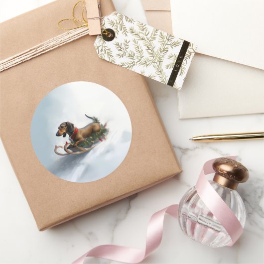 Dachshund Kerstmis sneeuw winter Ronde Sticker (Geschenken)