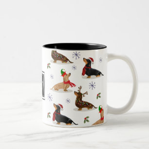 Dachshund Kerstmis Worst Hond Monogram Tweekleurige Koffiemok