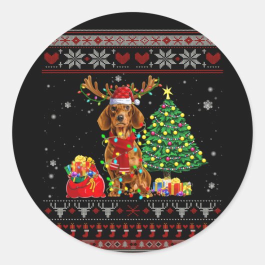 Dachshund-kerstsieraad Cute Dog Santa Hat Ronde Sticker (Voorkant)
