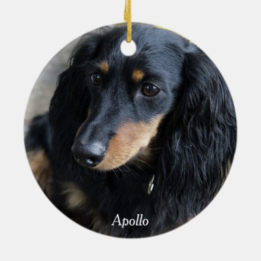 Dachshund-kerstsierfoto Aangepaste foto Keramisch Ornament (Achterkant)