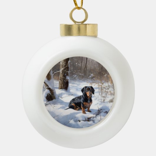 Dachshund Laat het sneeuwen Kerstmis Keramische Bal Ornament (Voorkant)