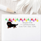 Dachshund Lang Haired Zwart en Tan Santa Etiket (Insitu)