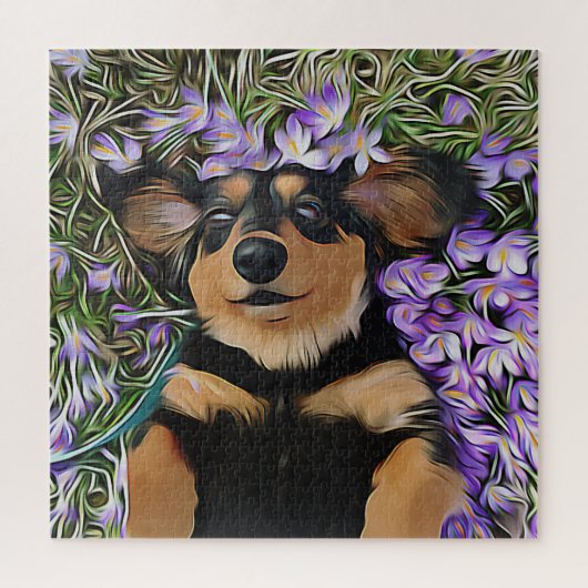 Dachshund Laying in Purple Flowers Legpuzzel (Verticaal)