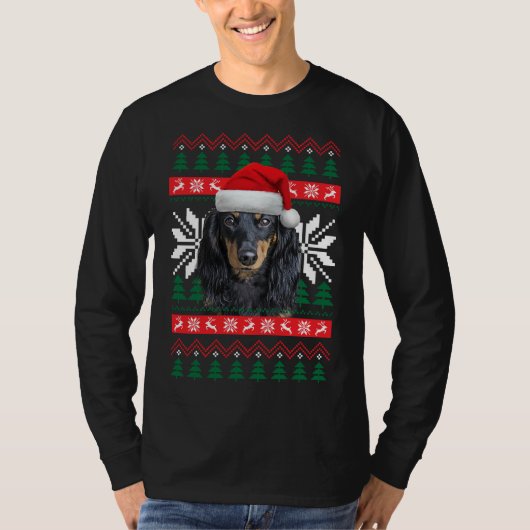 Dachshund Lelijke Kersttrui Stijl Santa Hat D T-shirt (Voorkant)