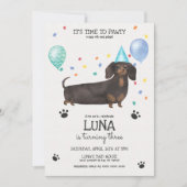Dachshund Lets Pawty Dog Birthday Invitation Blue Kaart (Voorkant)