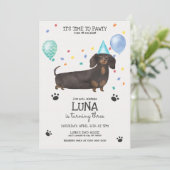 Dachshund Lets Pawty Dog Birthday Invitation Blue Kaart (Staand voorkant)