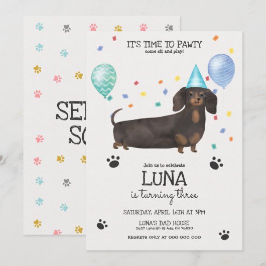 Dachshund Lets Pawty Dog Birthday Invitation Blue Kaart (Voorkant / Achterkant)
