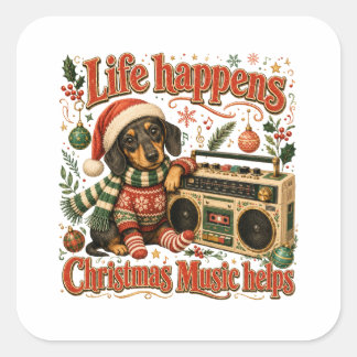 Dachshund Leven Gebeurt Kerst Muziek Helpt Vierkante Sticker