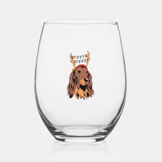 Dachshund Long Hair Reindekermis Lights Wijnglas Zonder Voet (Voorkant)