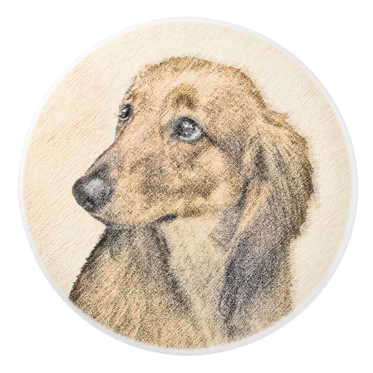 Dachshund (Longhaire) Schilderen - Oorspronkelijke Keramische Knop (Voorkant)