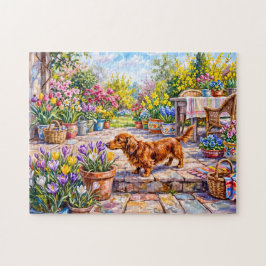 Dachshund loopt door kleurrijke bloeiende lente legpuzzel
