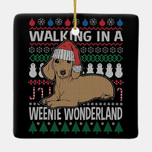 Dachshund loopt in een Weenieland Keramisch Ornament (Achterkant)